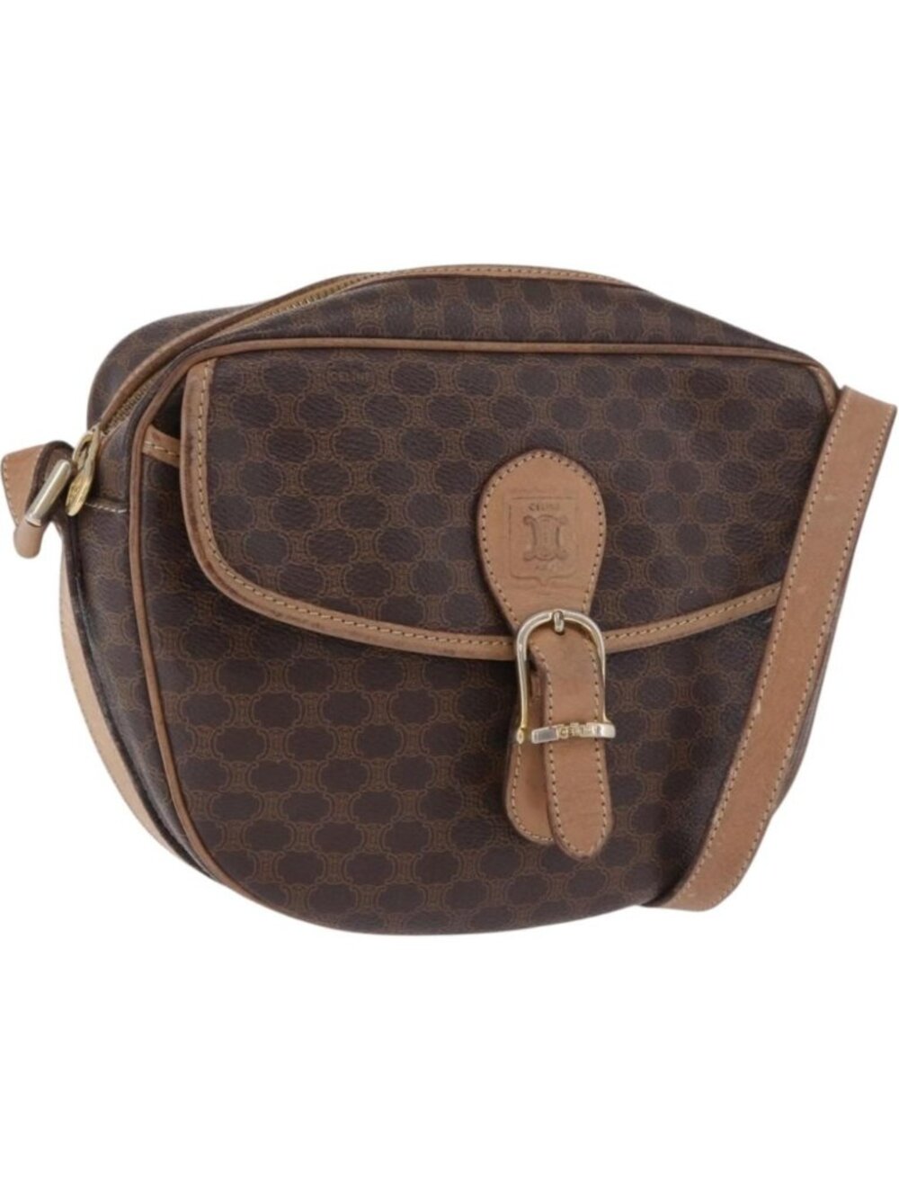 CELINE Macadam Canvas Shoulder Bag PVC Leather Brown Gold